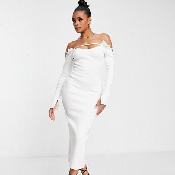 Asos Simmi Off Shoulder Long Sleeve Midi Dress in White Women's Size US 4 - Picture 1 of 6
